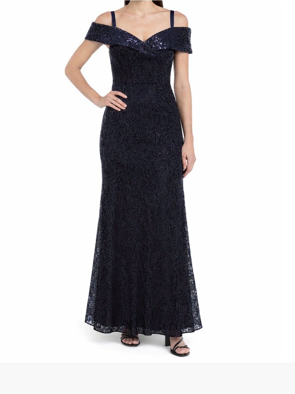 R & M Richards Navy One-Shoulder Lace Evening Gown